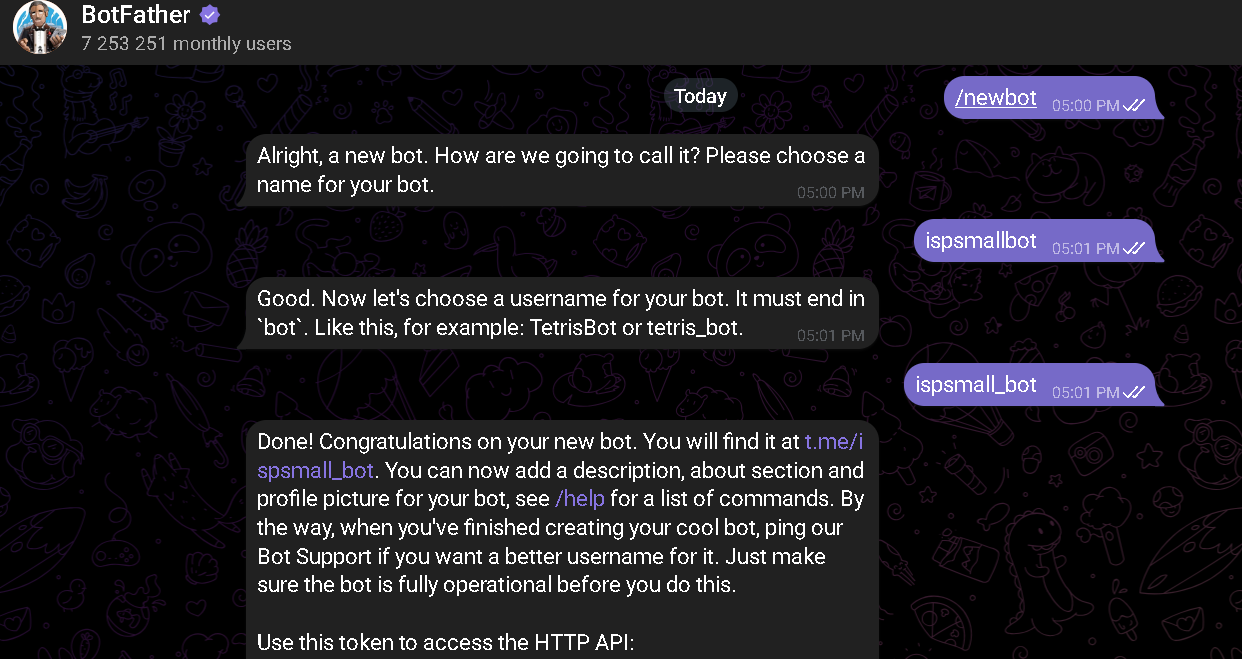 Token entregado por BotFather